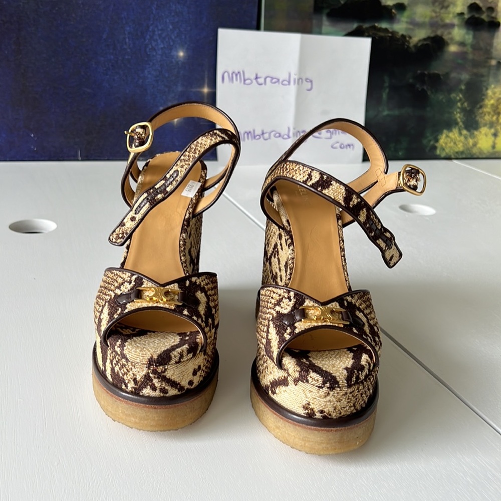 Celine made in Italy all over leopard print open toe size 7M(37) strappy wedges - Picture 11 of 17